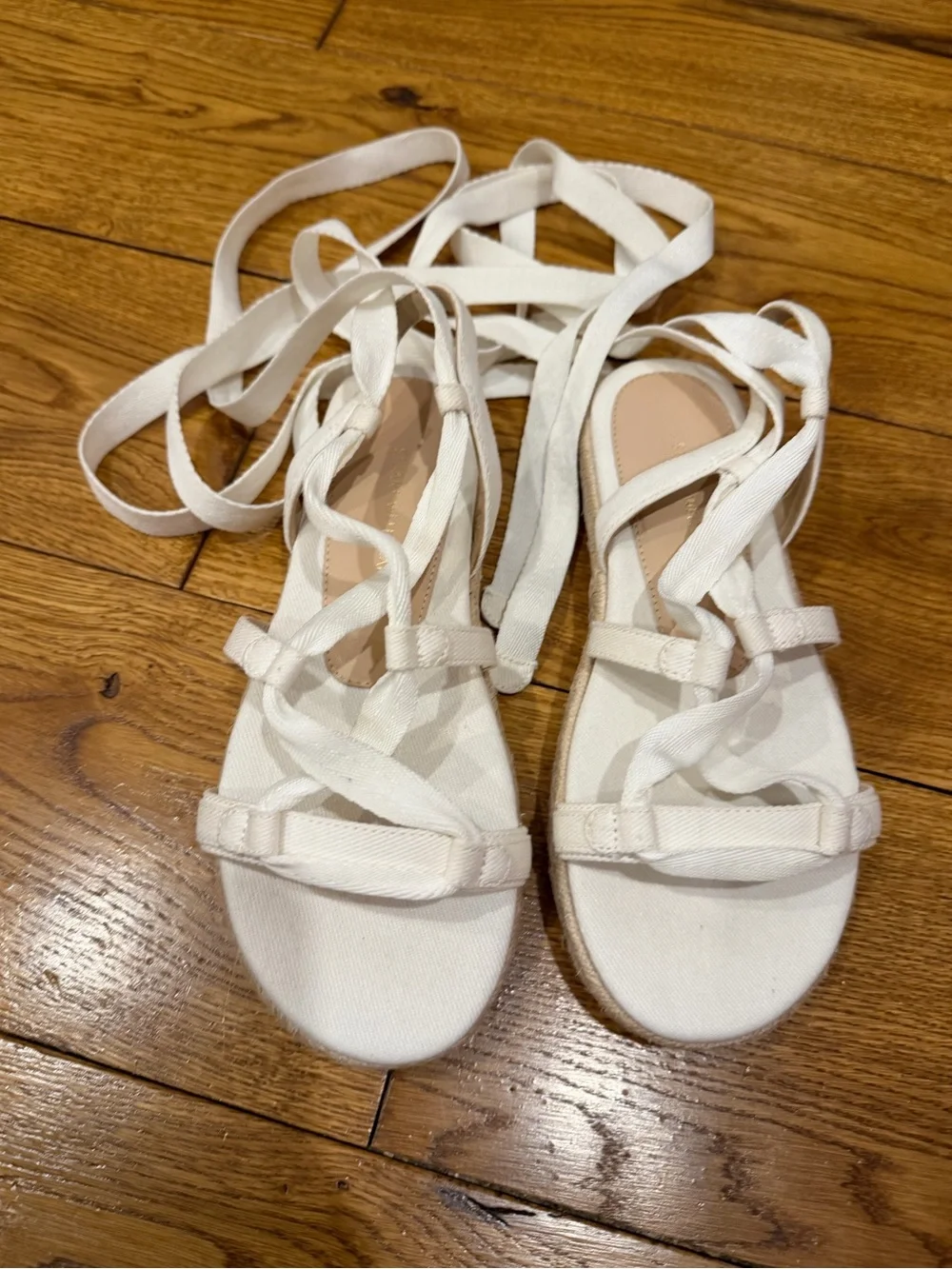 Stuart Weitzman White Lace-Up Espadrille Sandals